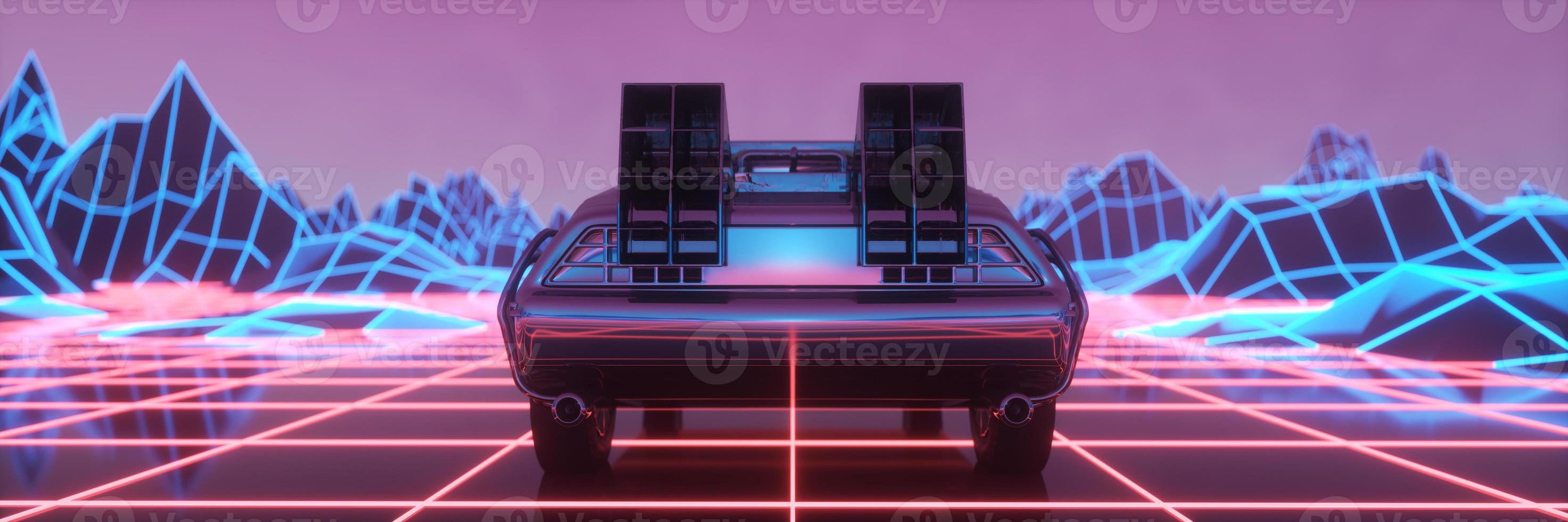 coche al estilo neon cyberpunk. Fondo de microondas de los años 80. coche retro futurista a través de la ciudad de neón. ilustración 3d foto