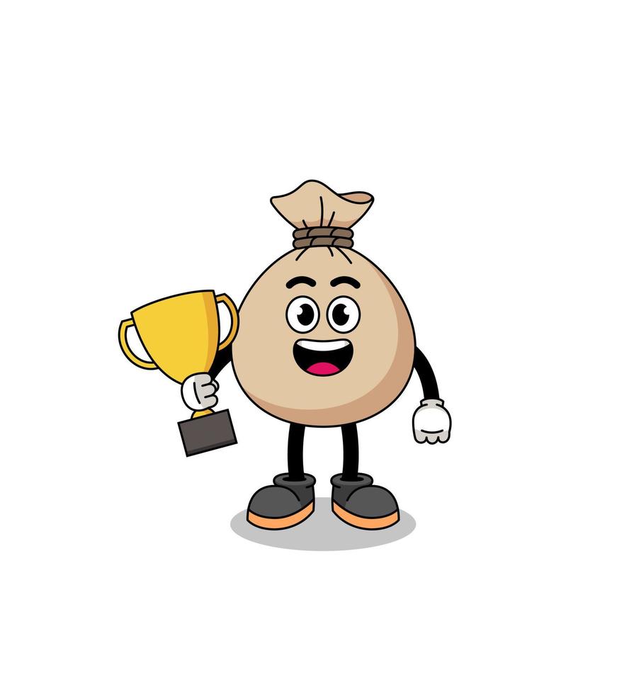 Cartoon mascot of money sack holding a trophy vector