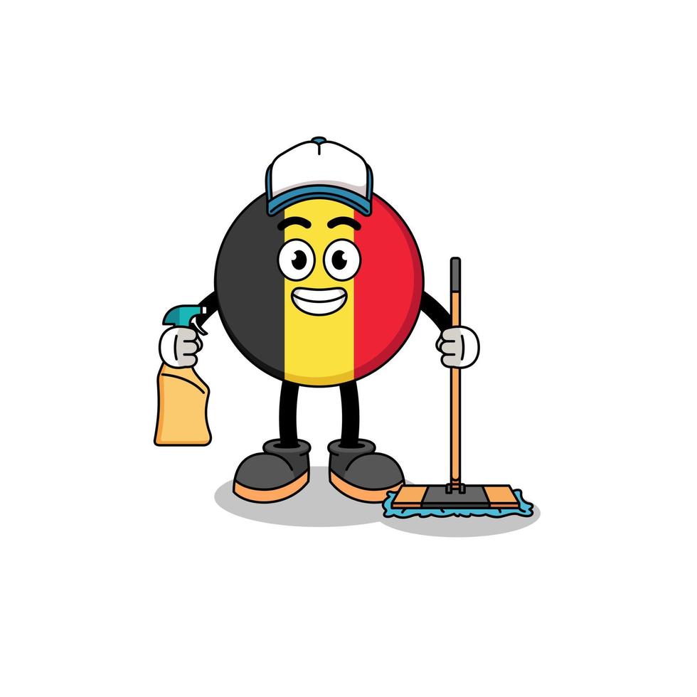 mascota del personaje de la bandera de bélgica como servicio de limpieza vector