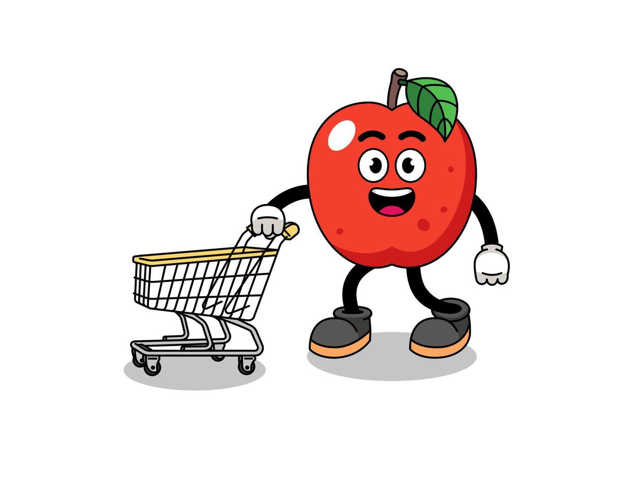 Cartoon of apple holding a shopping trolley vector