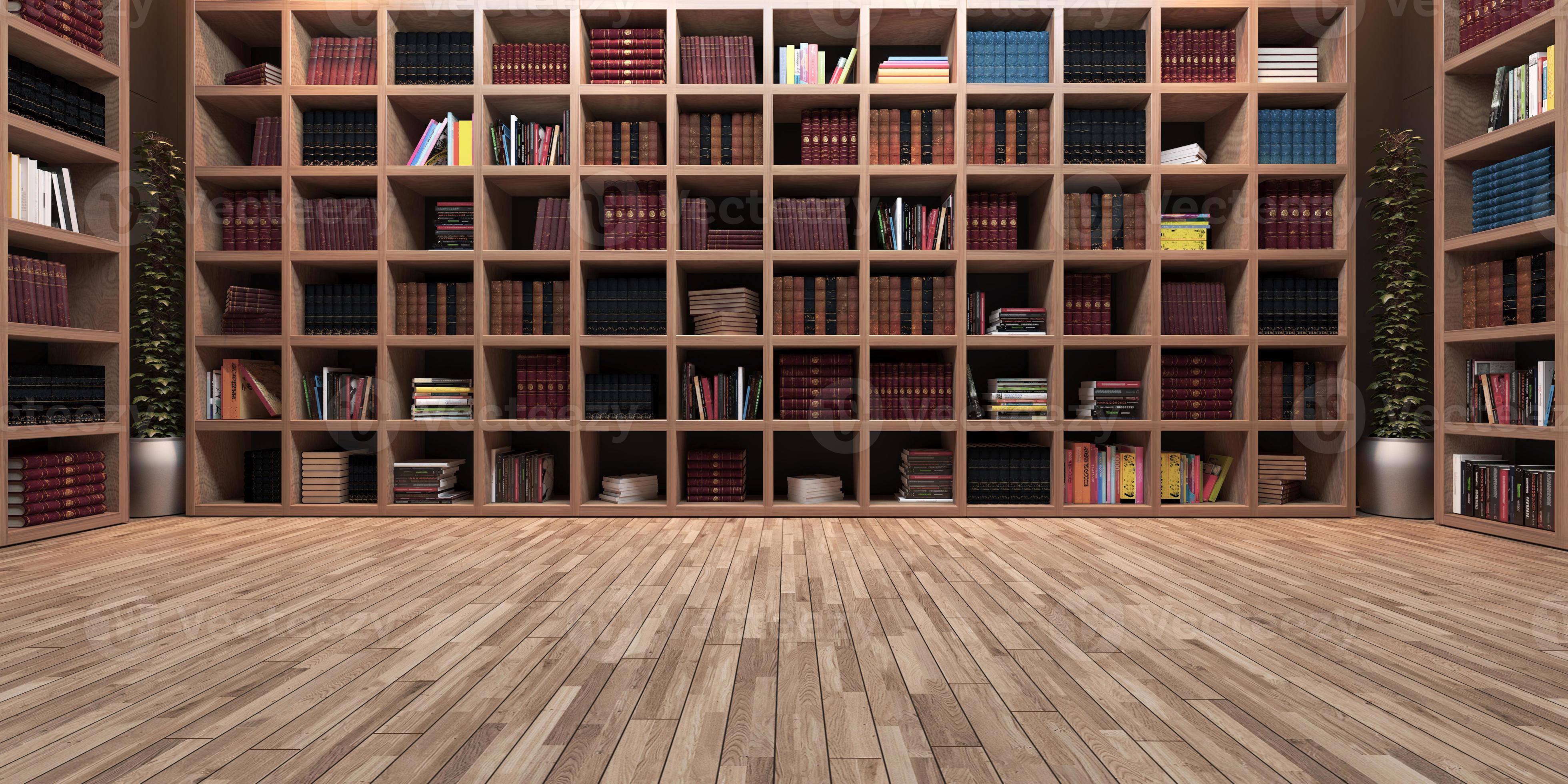 Modern big library design, wooden bookshelf realistic 3D rendering
