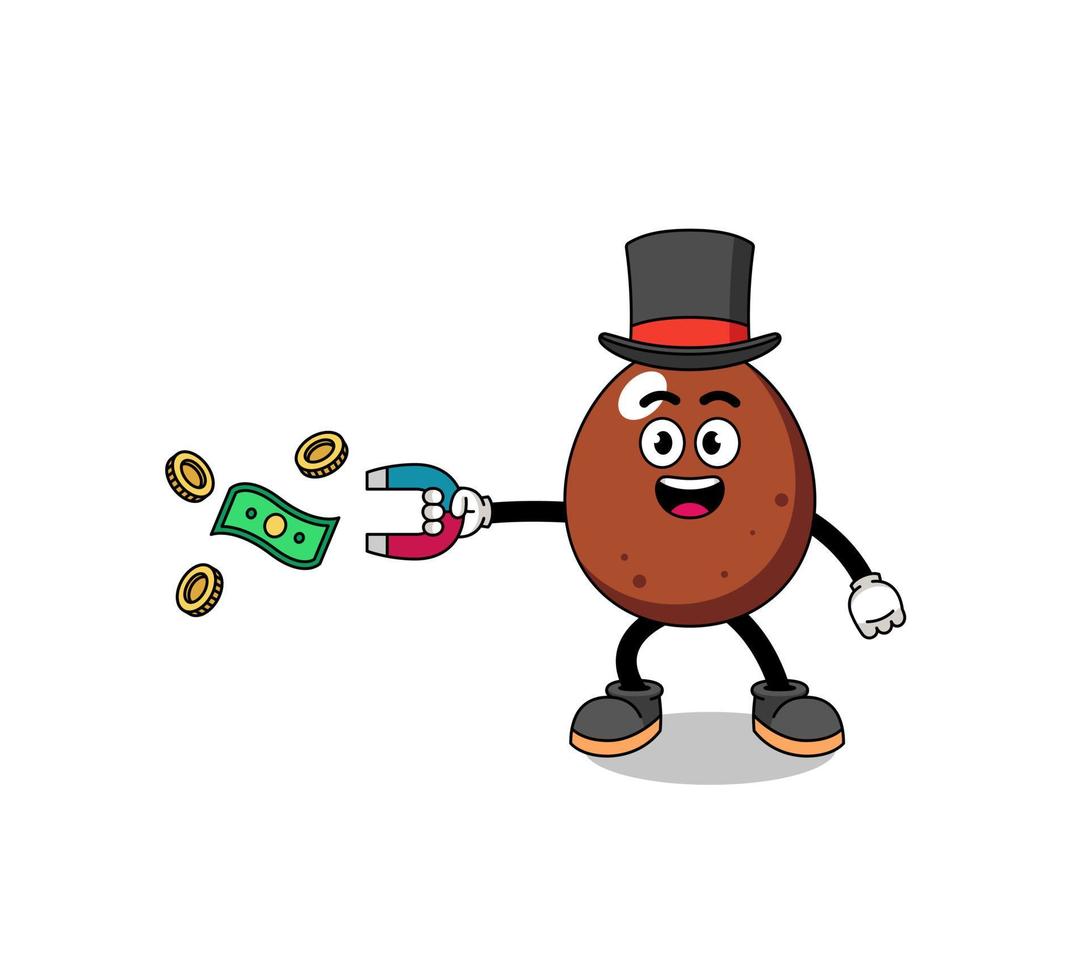 ilustración de personaje de huevo de chocolate atrapando dinero con un imán vector