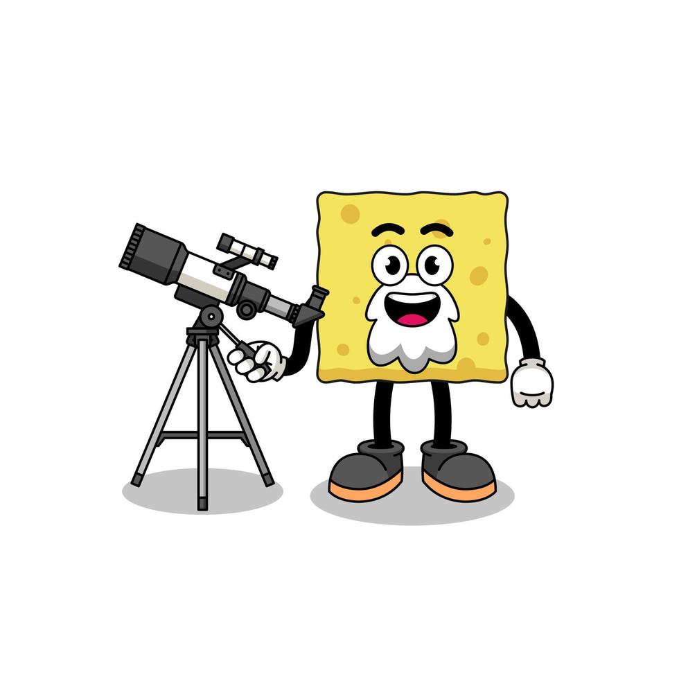 ilustración de mascota de esponja como astrónomo vector