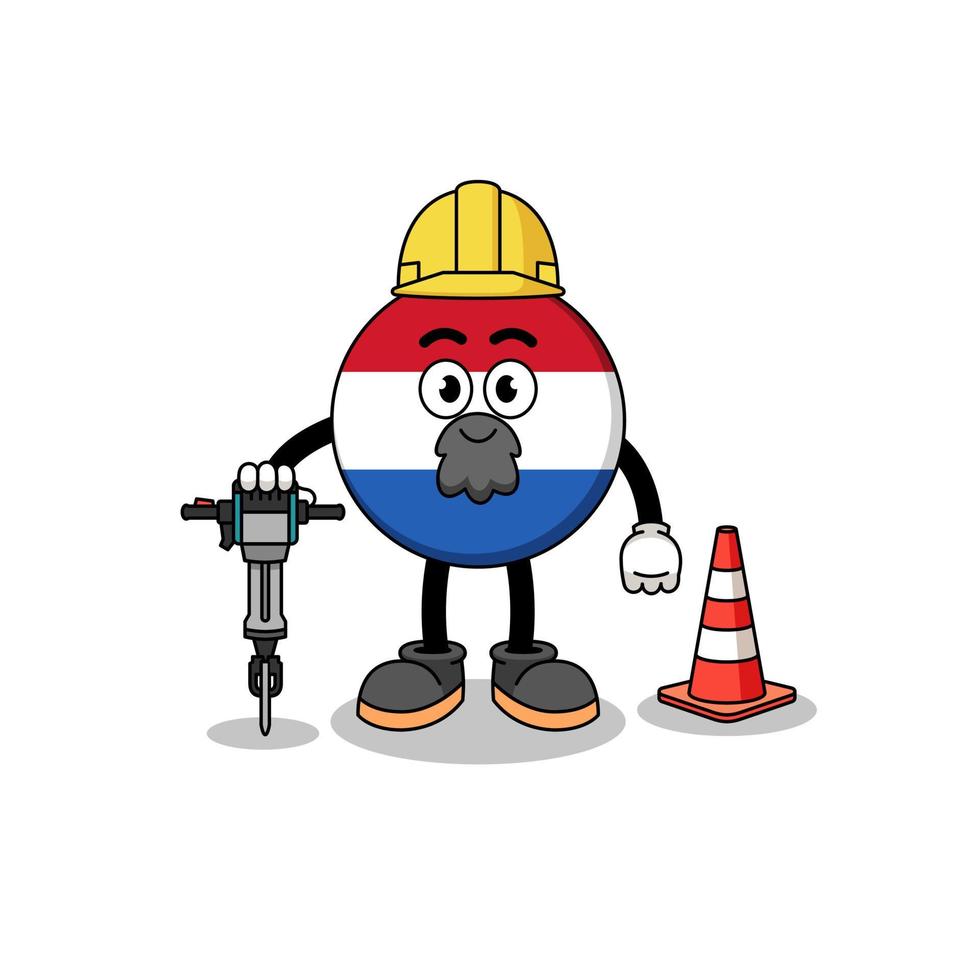 caricatura de personaje de la bandera de los países bajos trabajando en la construcción de carreteras vector