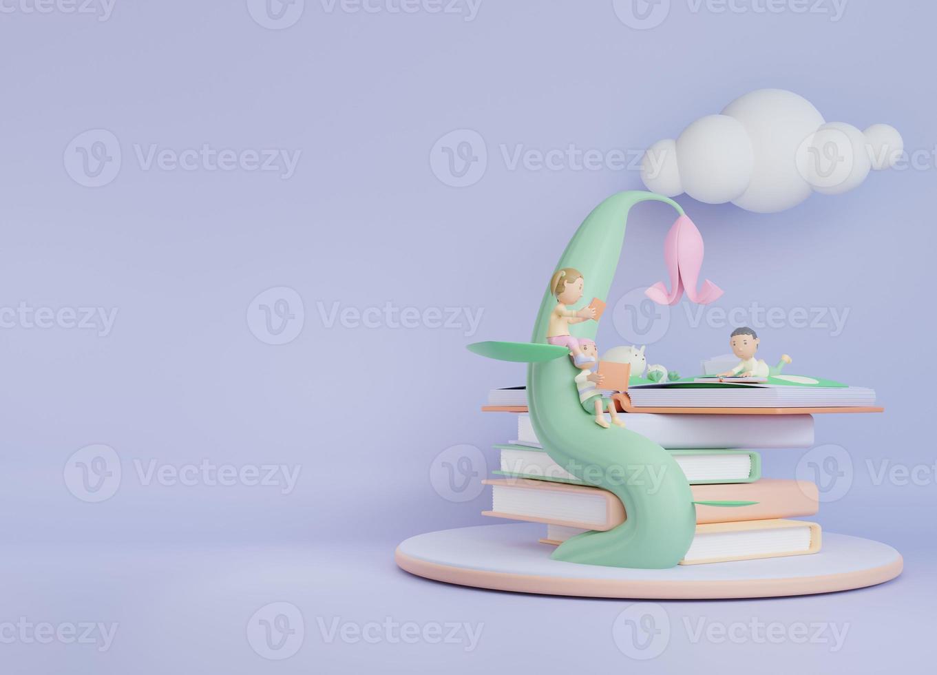 3d children book illustration background with the child read in giant tree photo
