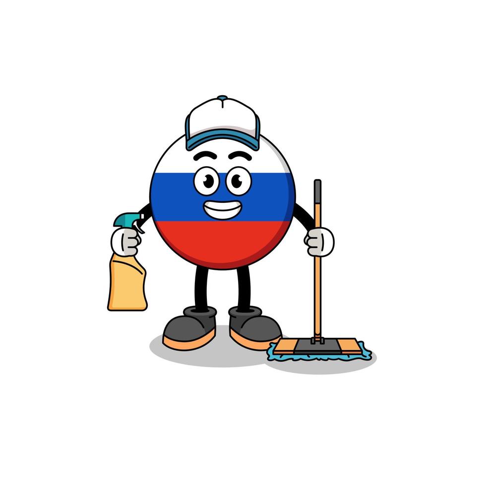 mascota de carácter de la bandera de rusia como servicios de limpieza vector