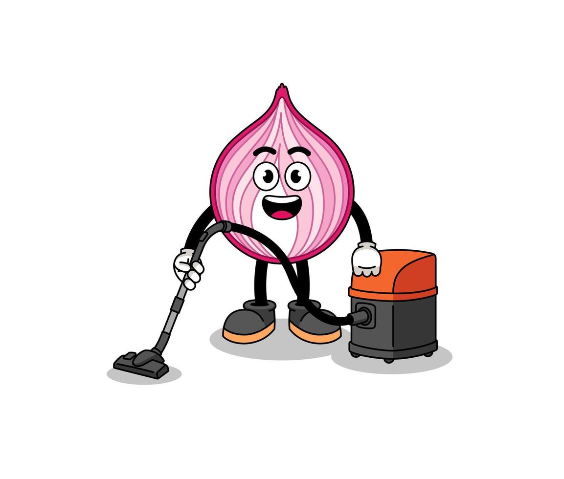 mascota del personaje de cebolla en rodajas con aspiradora vector