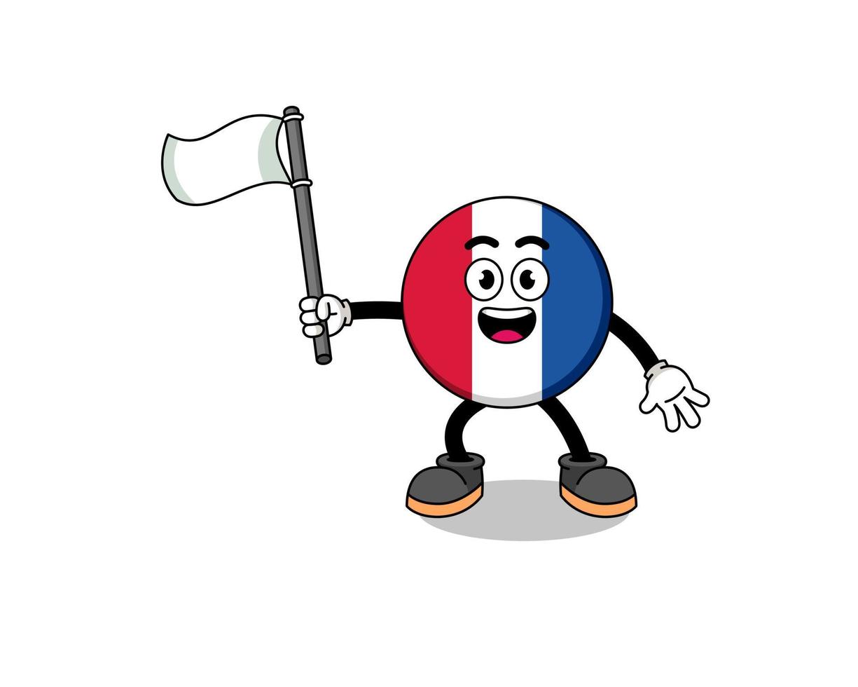 caricatura, ilustración, de, francia, bandera, tenencia, un, bandera blanca vector
