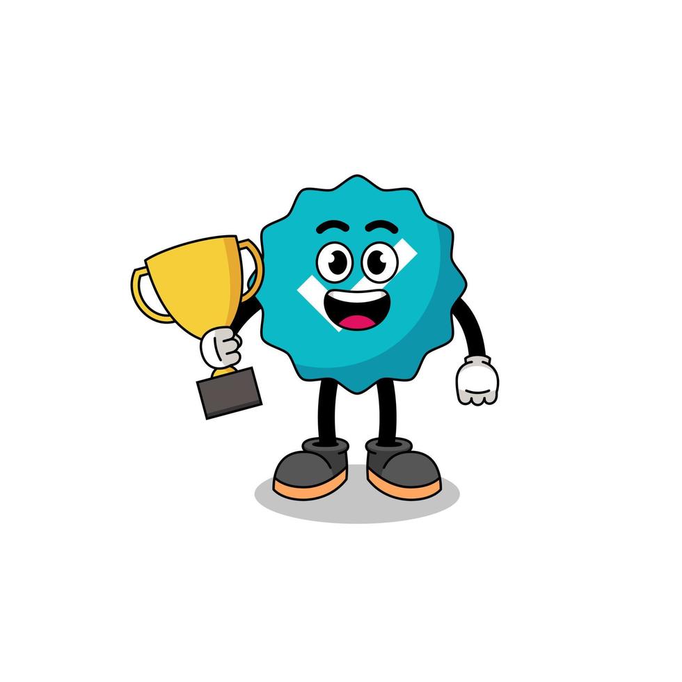 Cartoon mascot of verified sign holding a trophy vector