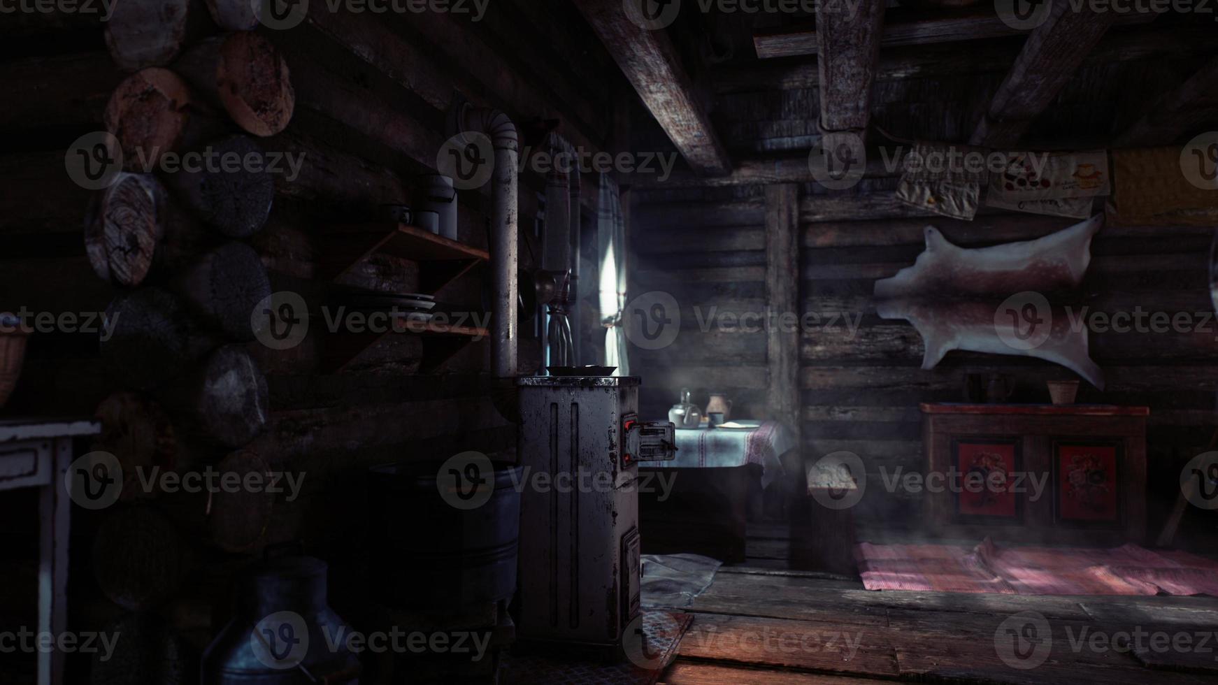 fragment of the interior of an old peasant log cabin photo