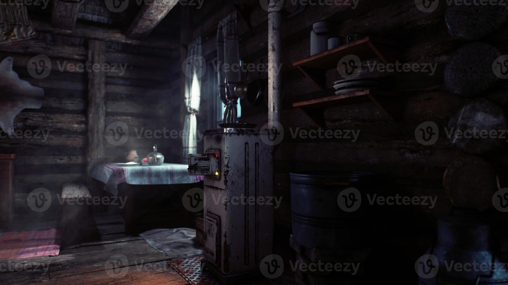 fragment of the interior of an old peasant log cabin photo