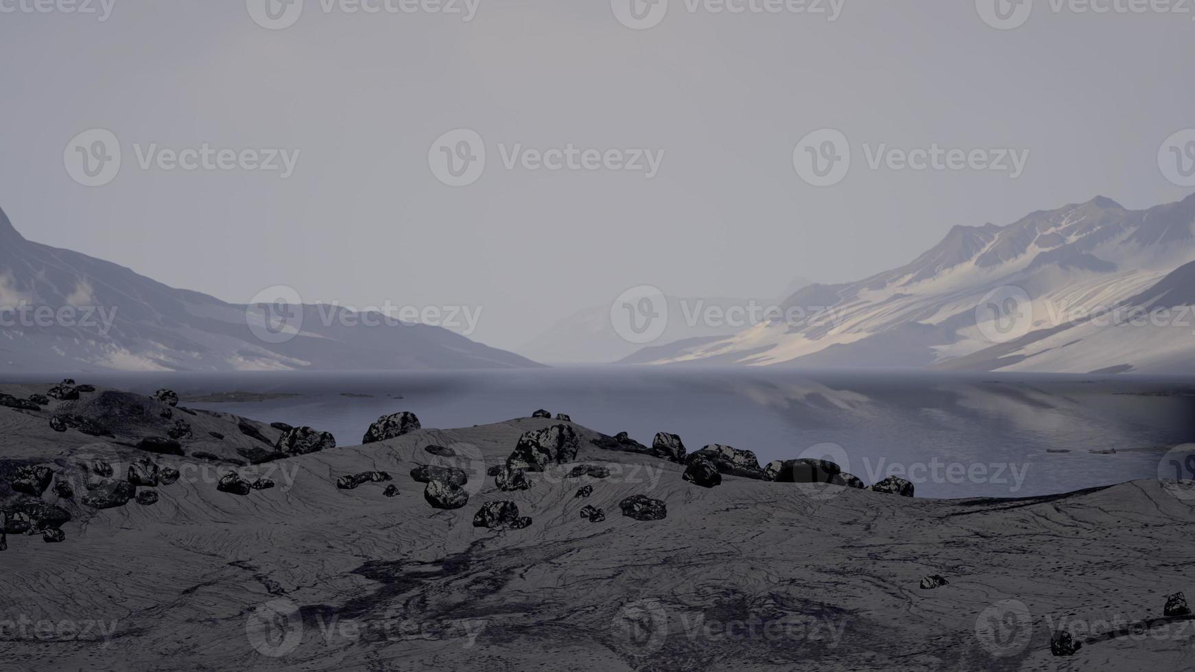 Beach with big round stones on the coast of the Barents Sea in Arctic photo