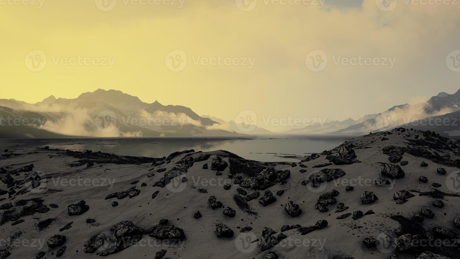 Beach with big round stones on the coast of the Barents Sea in Arctic photo
