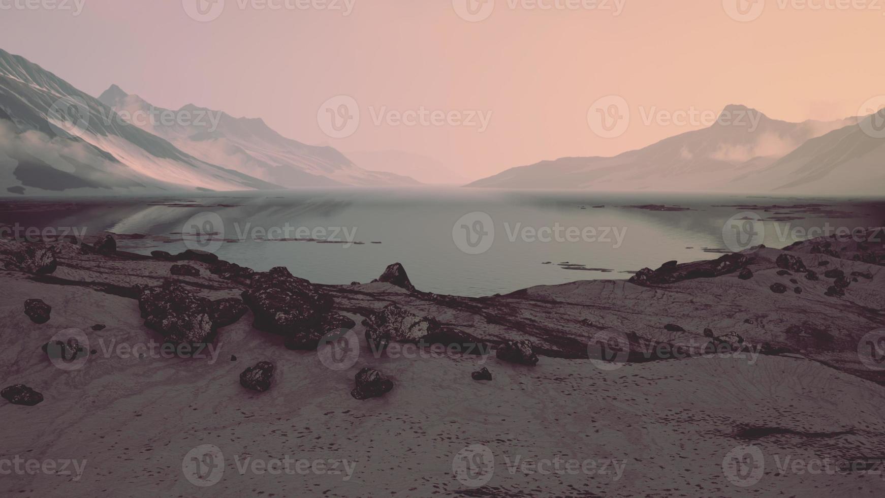 Winter landscape with snow covered rocks at Arctic Ocean photo