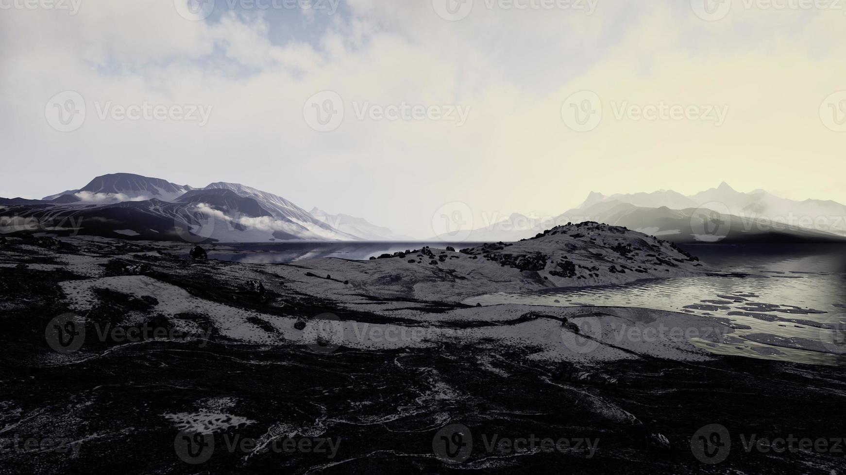 Winter landscape with snow covered rocks at Arctic Ocean photo