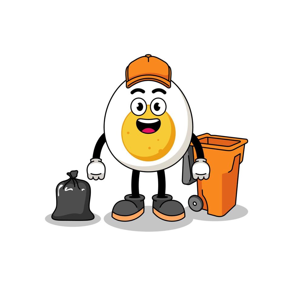 Illustration of boiled egg cartoon as a garbage collector vector