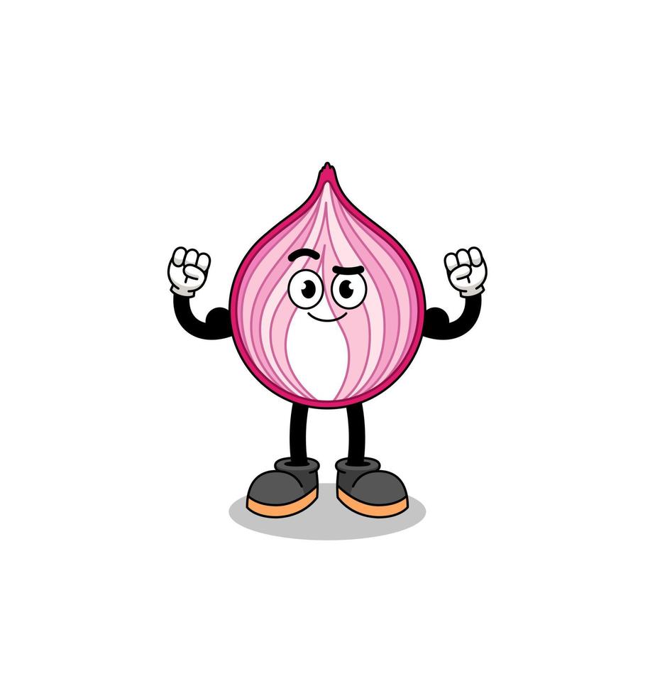 Mascot cartoon of sliced onion posing with muscle vector