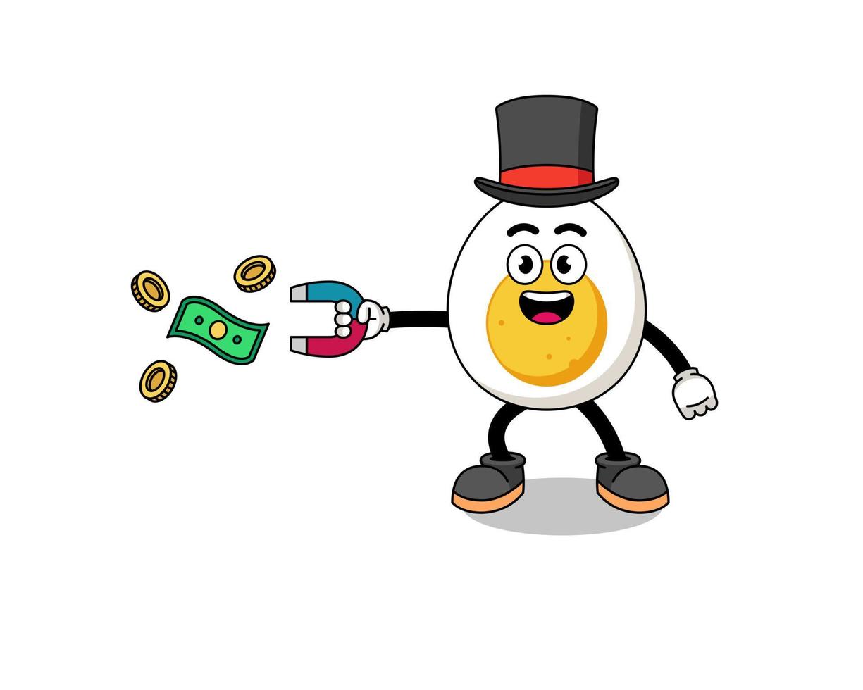 ilustración de personaje de huevo hervido atrapando dinero con un imán vector