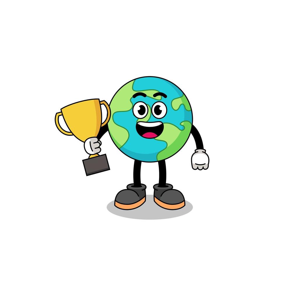 Cartoon mascot of earth holding a trophy vector