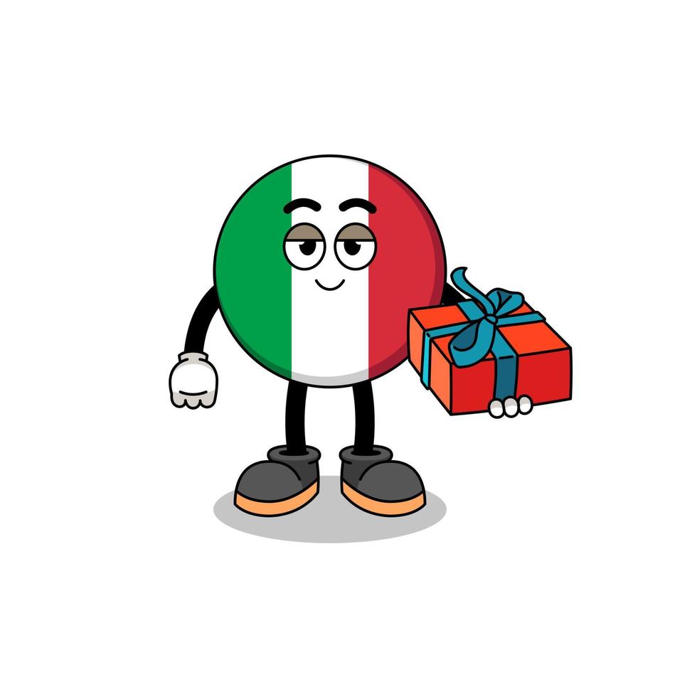 ilustración de la mascota de la bandera de italia dando un regalo vector