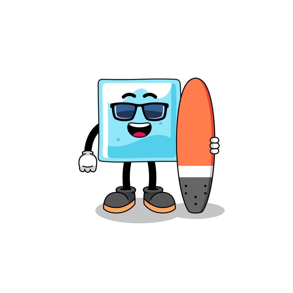 Mascot cartoon of ice block as a surfer vector