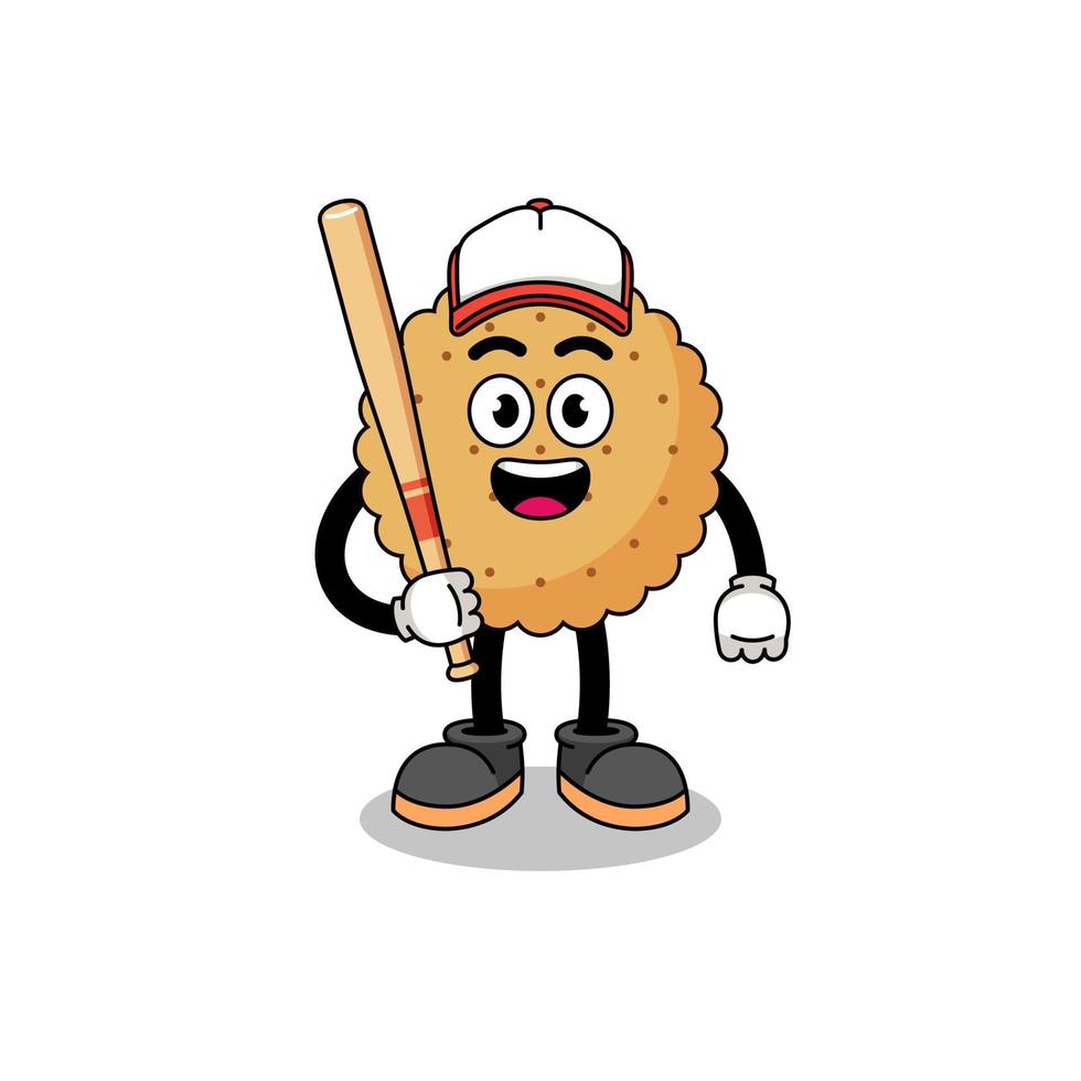 caricatura de mascota redonda de galleta como jugador de béisbol vector