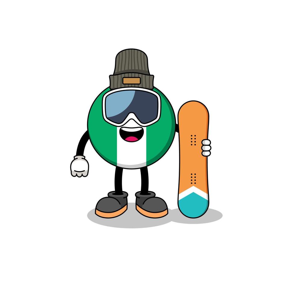 caricatura de mascota de jugador de snowboard de bandera de nigeria vector