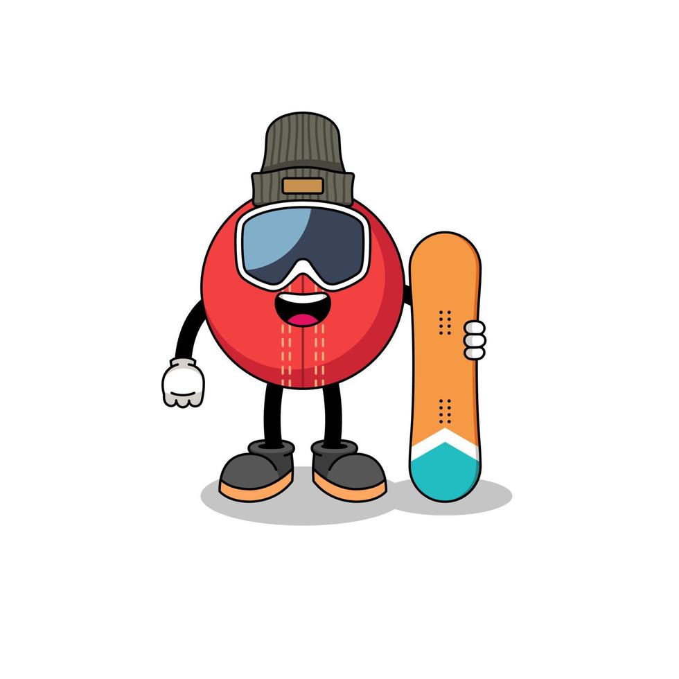 Mascot cartoon of cricket ball snowboard player vector