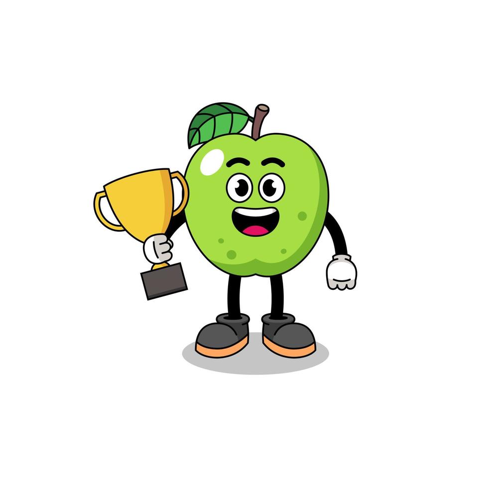 mascota de dibujos animados de manzana verde sosteniendo un trofeo vector