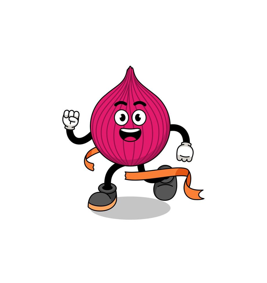 Mascot cartoon of onion red running on finish line vector