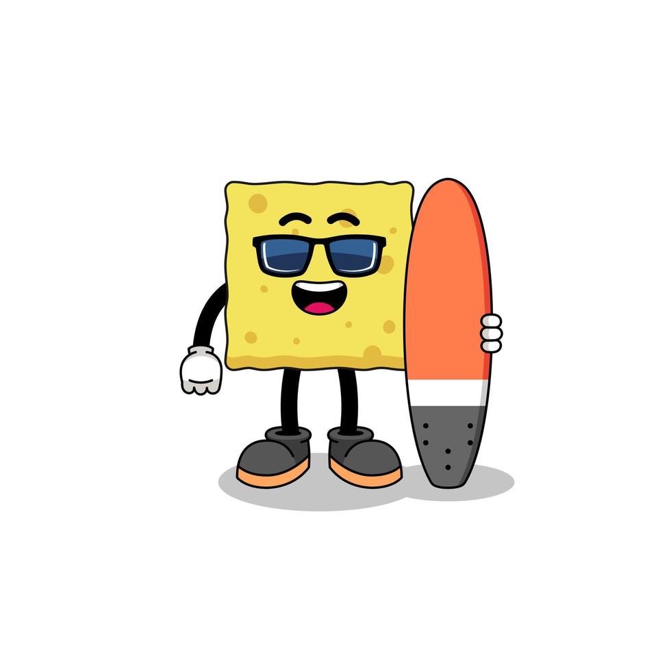 caricatura de mascota de esponja como surfista vector