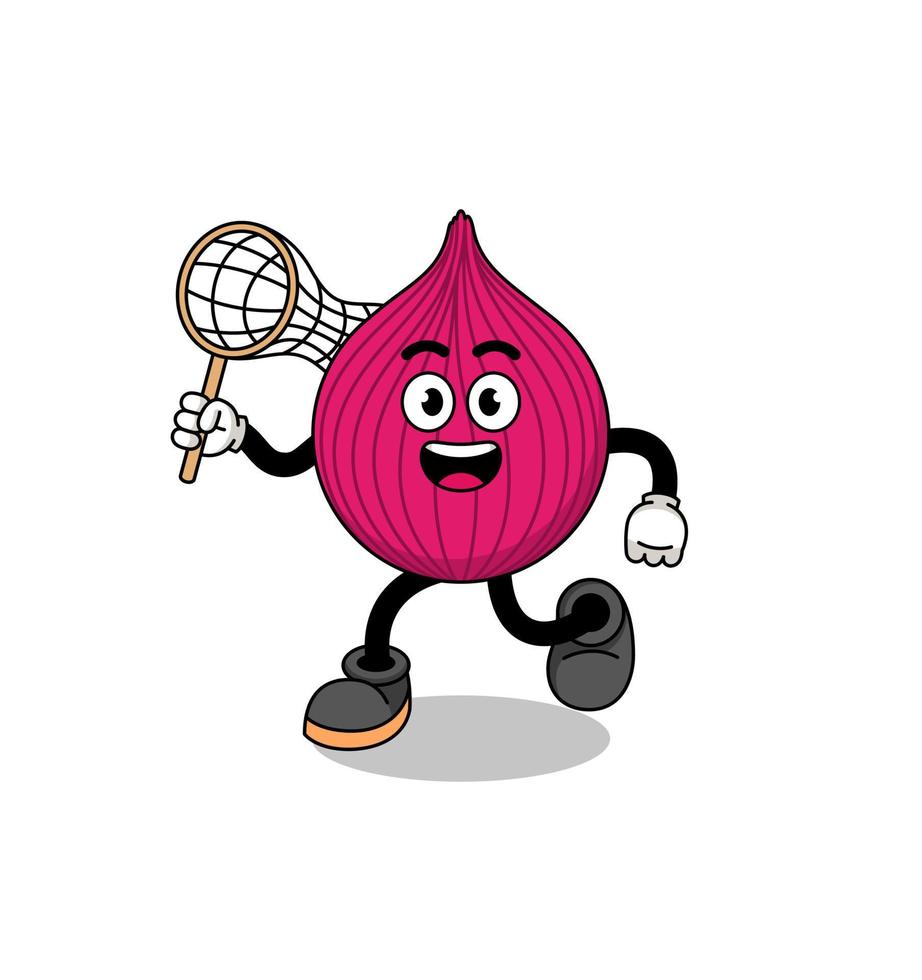 Cartoon of onion red catching a butterfly vector