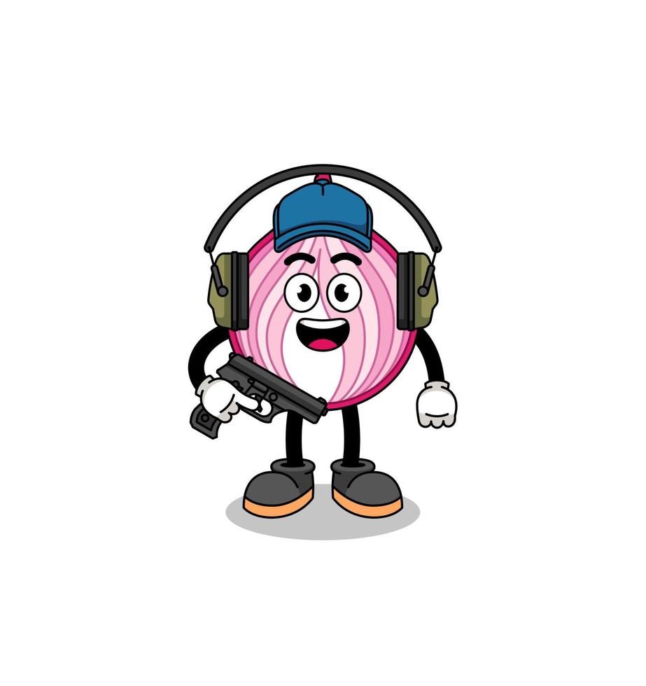 Character mascot of sliced onion doing shooting range vector