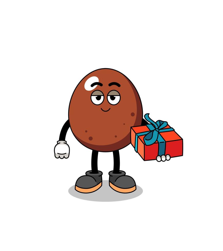 ilustración de mascota de huevo de chocolate dando un regalo vector