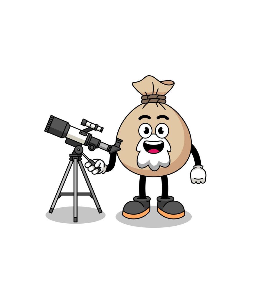 Illustration of money sack mascot as an astronomer vector