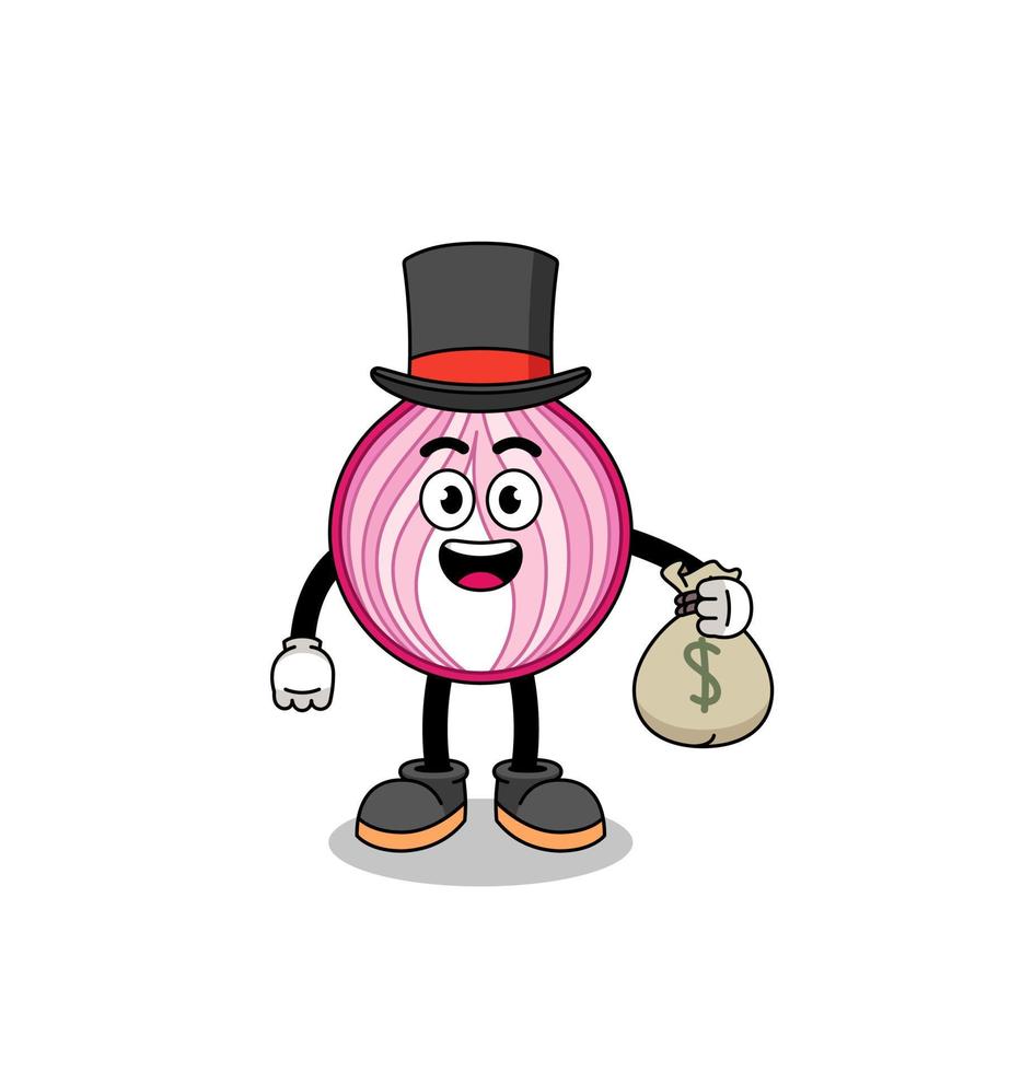 sliced onion mascot illustration rich man holding a money sack vector