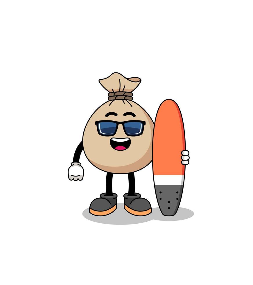Mascot cartoon of money sack as a surfer vector