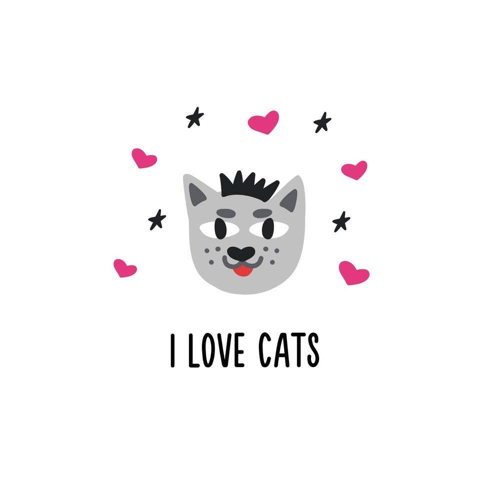 I love cat's poster. Heart and starts with funny cat vector