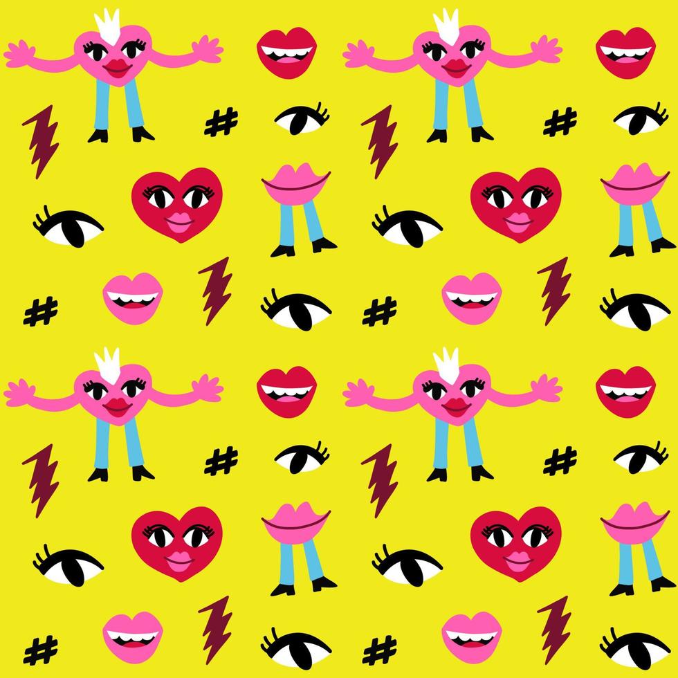 Seamless pattern with lips eyes and cartoon hearts faces vector