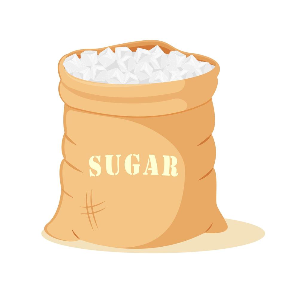 Refined sugar cubes in an open canvas bag. Packing of sweet crystals. vector