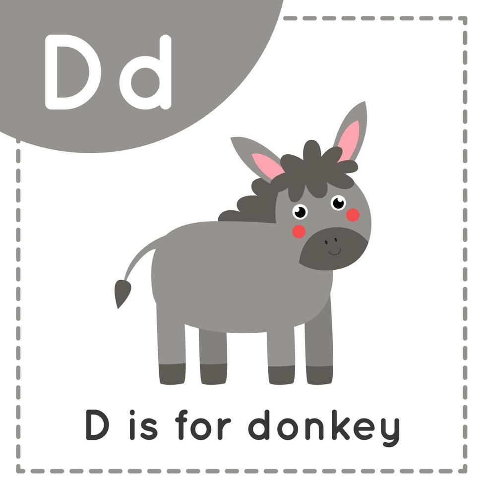Learning English alphabet for kids. Letter D. Cute cartoon donkey. vector