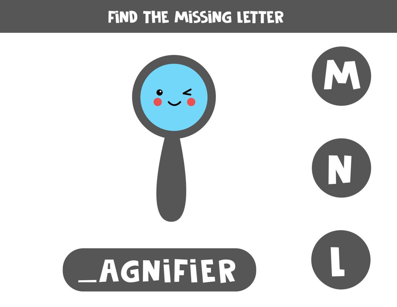 Find missing letter with cute magnifier. Spelling worksheet. vector