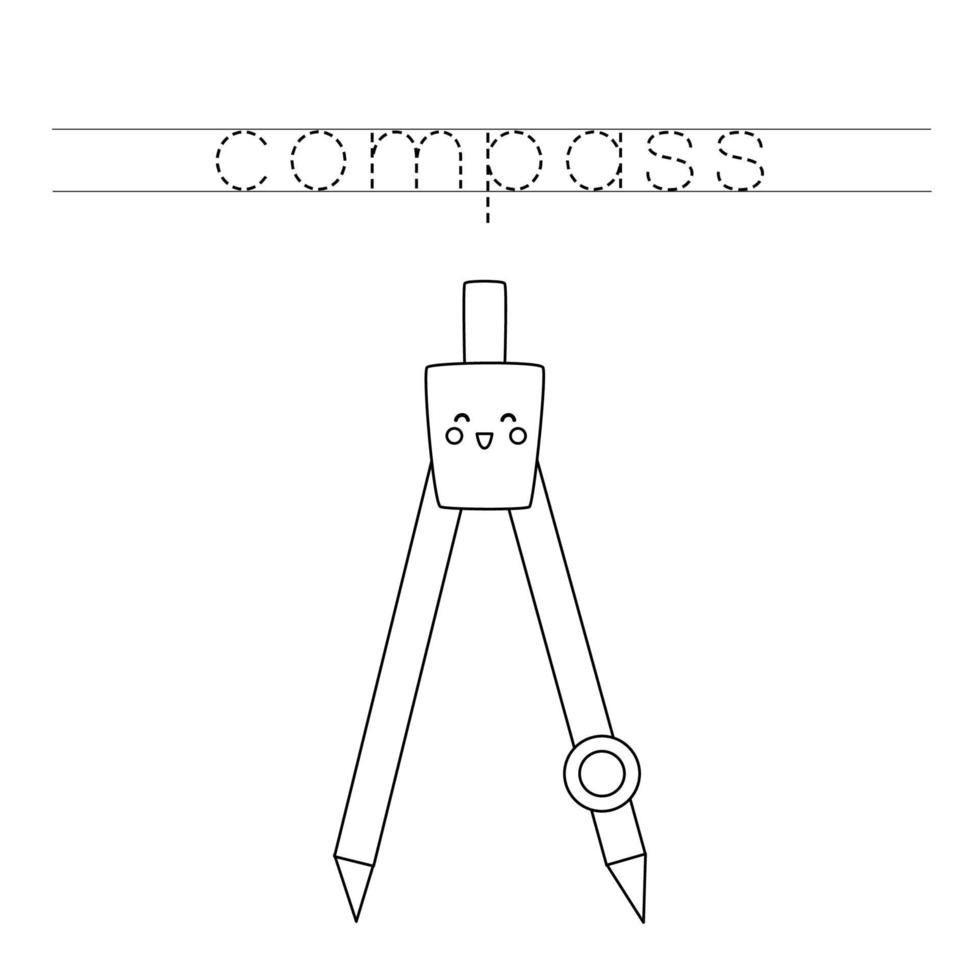 Trace the letters and color cute kawaii compass. Handwriting practice for kids. vector