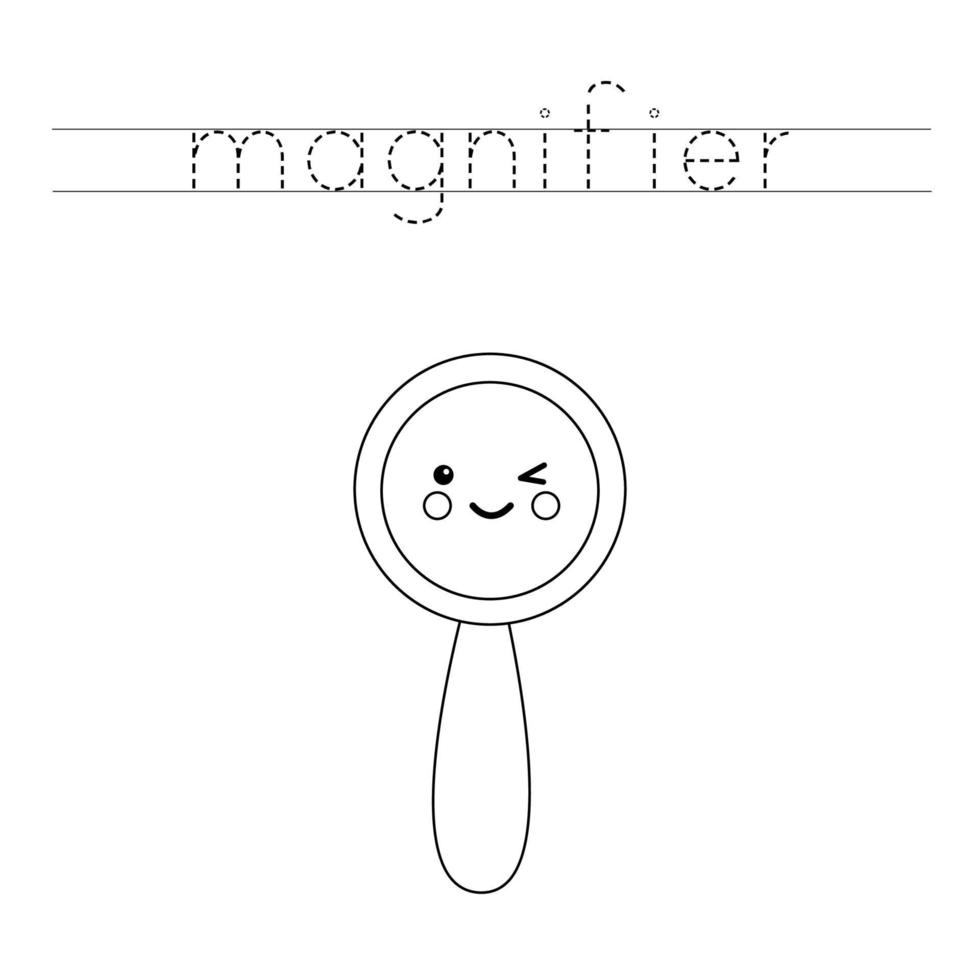 Trace the letters and color cute magnifier glass. Handwriting practice for kids. vector