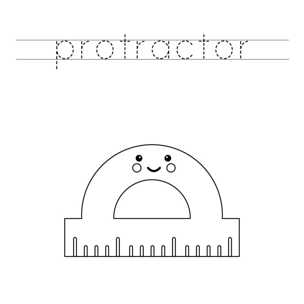 Trace the letters and color cute protractor. Handwriting practice for kids. vector