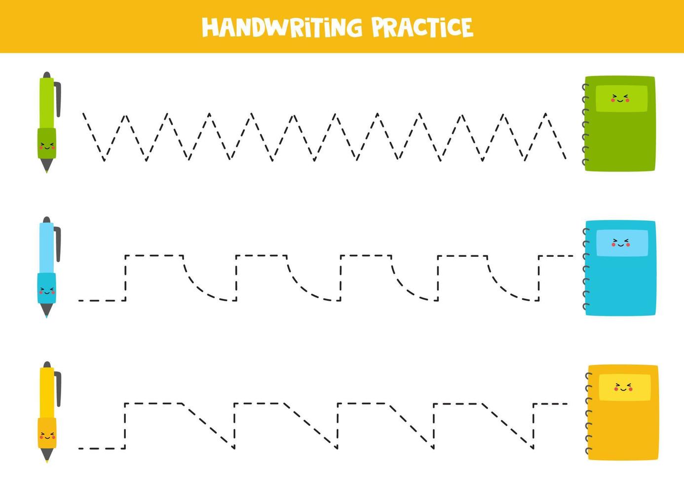 Tracing lines with colorful copybooks and pens. Writing practice. vector