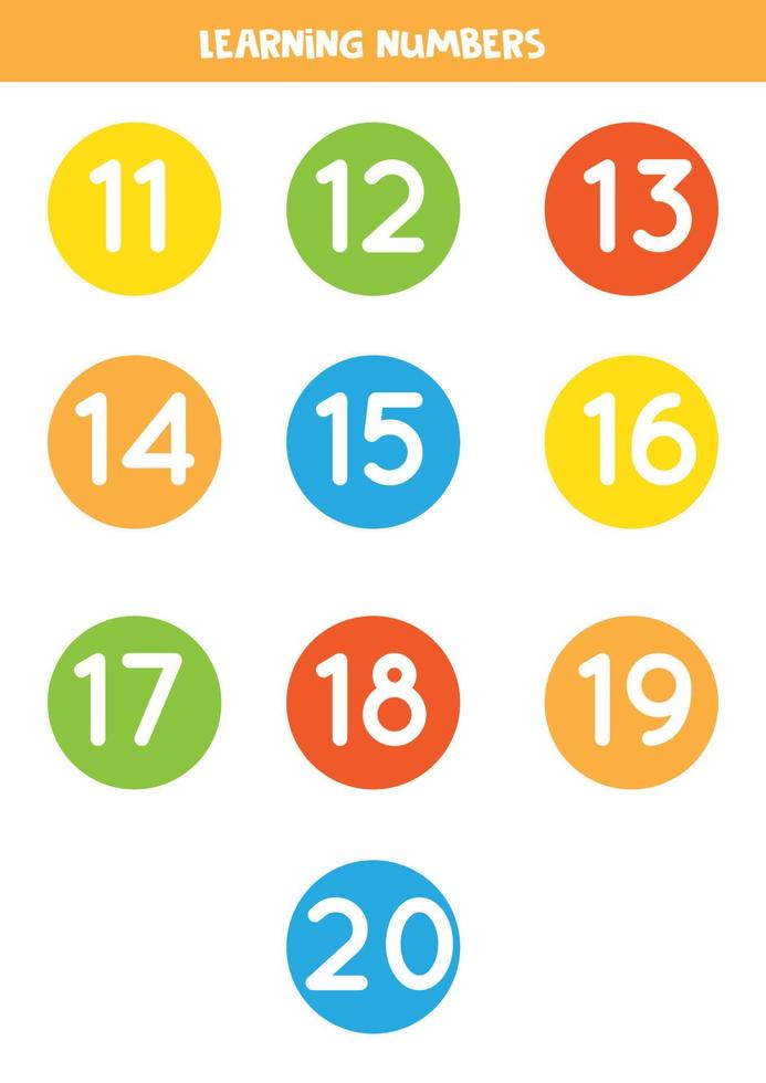 tarjetas de números de aprendizaje del 11 al 20. tarjetas de colores. vector