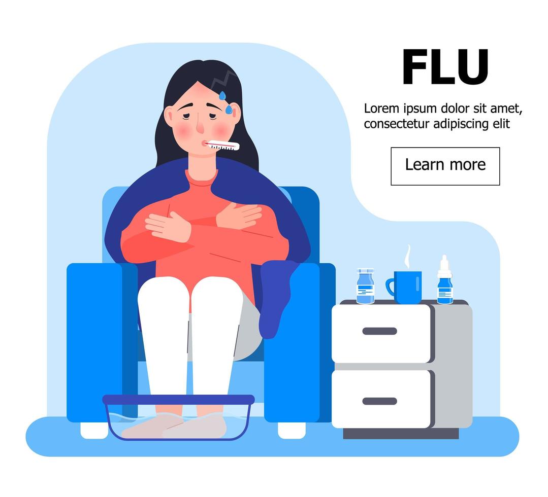 Flu concept vector for website. Sick girl is sitting in armchair with blanket. Woman taking temperature, putting thermometer in mouth. Sick human is warming legs in water. Self-medication