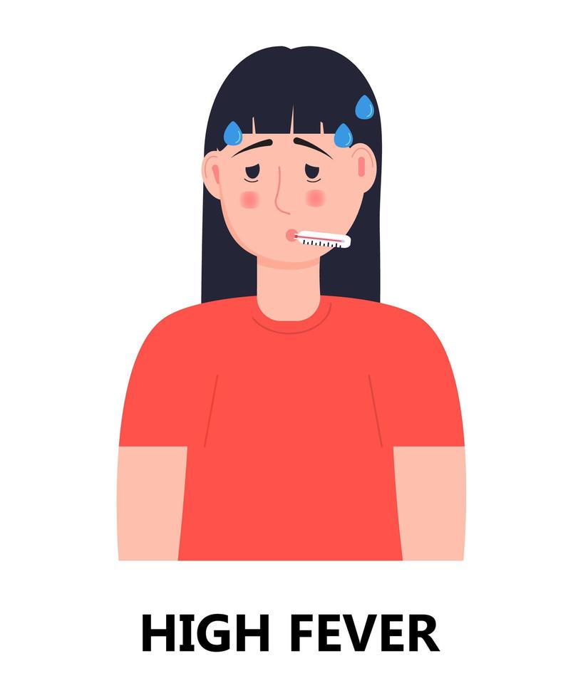 High fever of girl icon vector. Flu, cold, coronavirus symptom is shown. Woman is feverish and taking thermometer. Infected person illustration. Respiratory disease vector