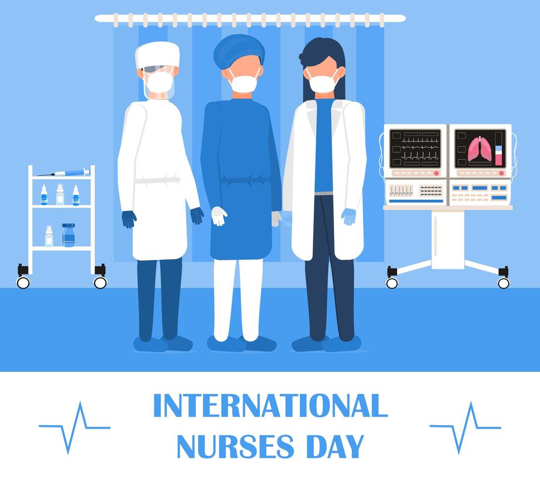 International nurses day is celebrated in May. Medical staff are standing. Nurses and doctors are wearing medical masks. Health care banner, poster vector